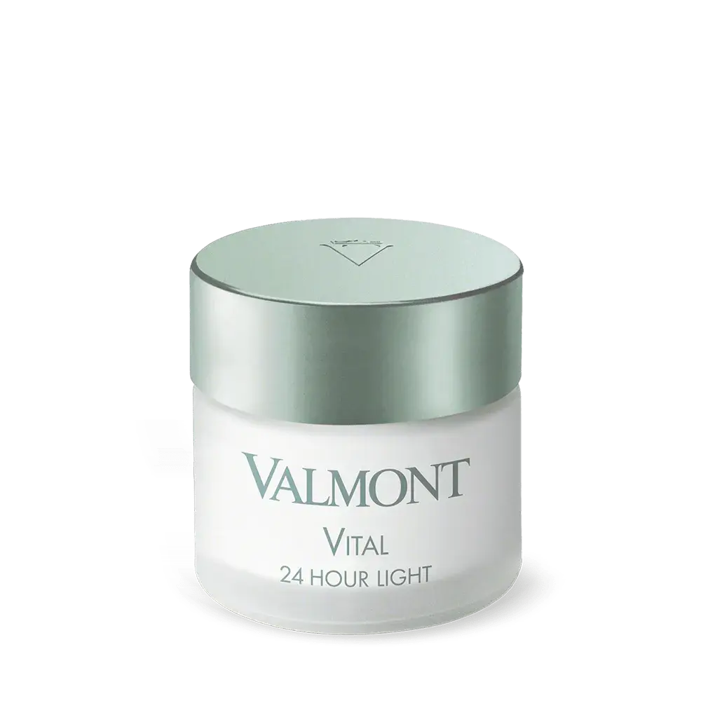 Crème Valmont Vital 24 Hour Light — pot de soin visage à couvercle vert sauge